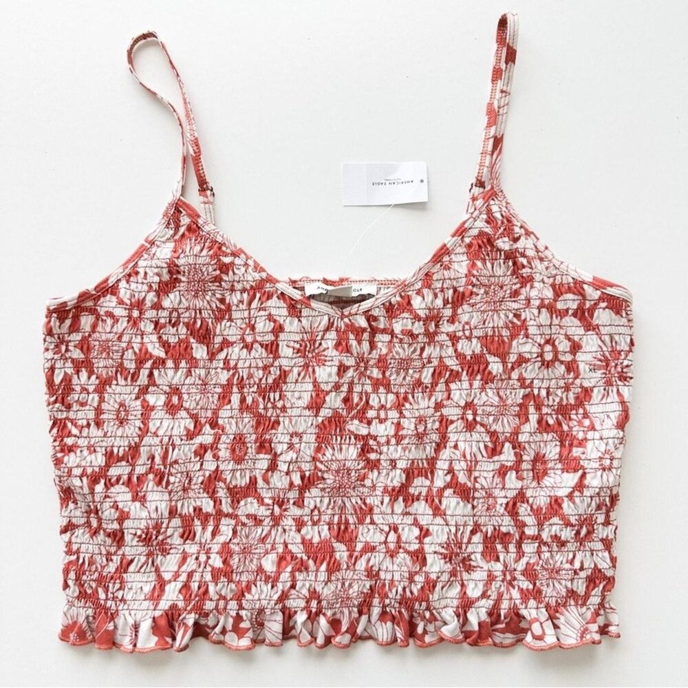 American Eagle Floral Smocked Cropped Tank Top